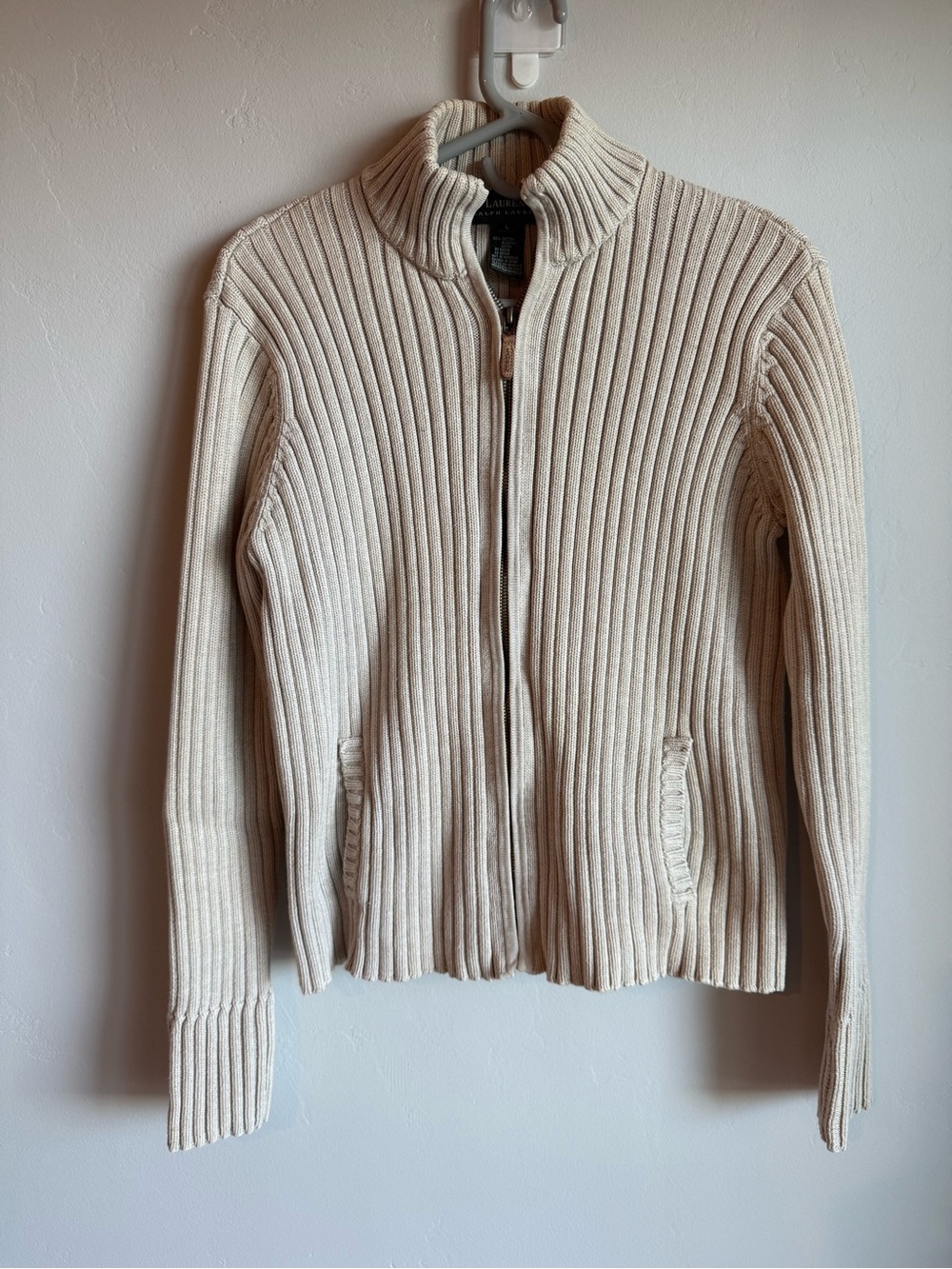 Lauren Ralph Lauren Vintage Cream Ribbed Zip-Front 100% Cotton Cardigan